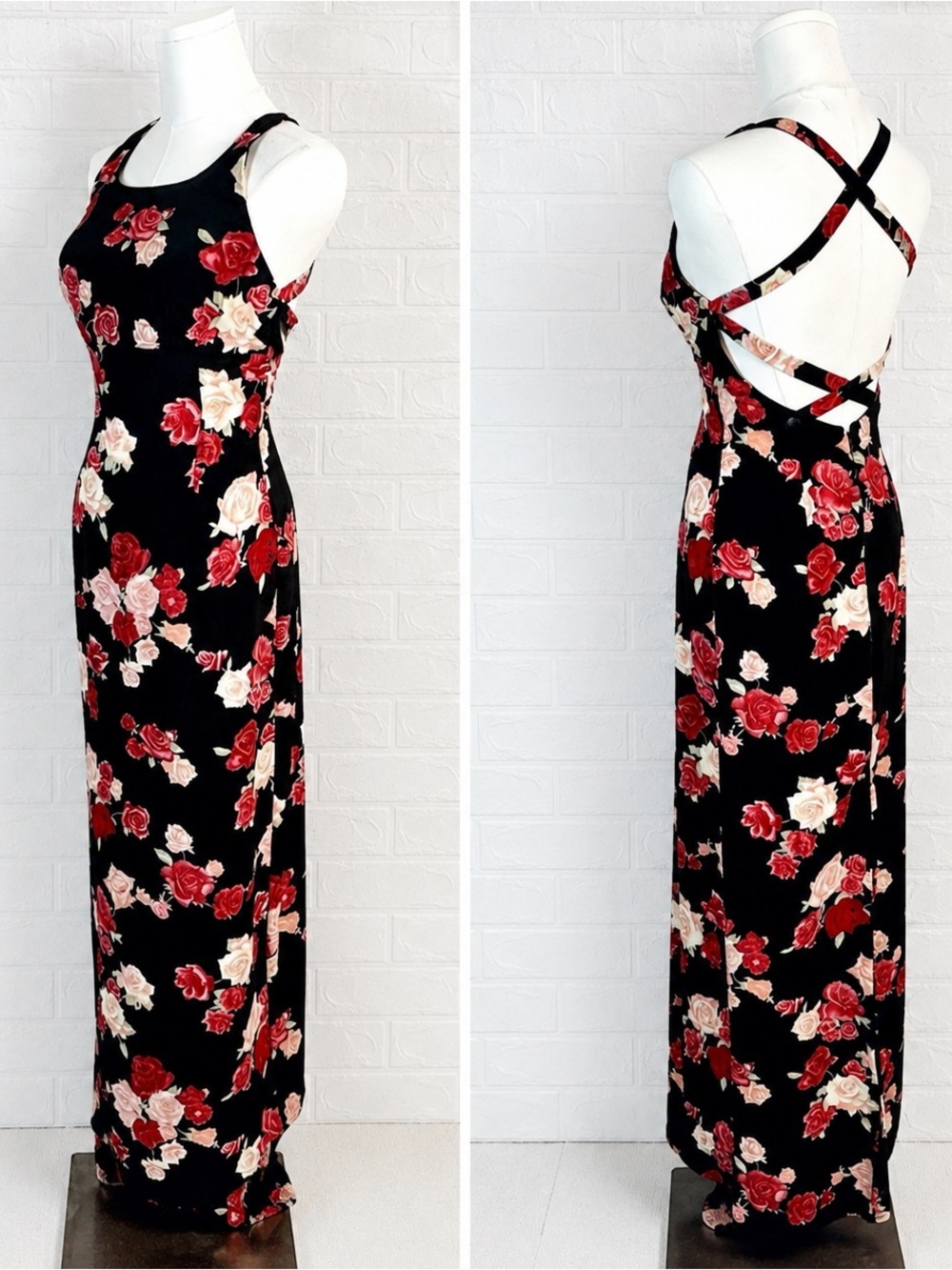 Vintage 90's Rampage Black Red Roses Maxi Dress Sz S Open Back Grunge Whimsigoth